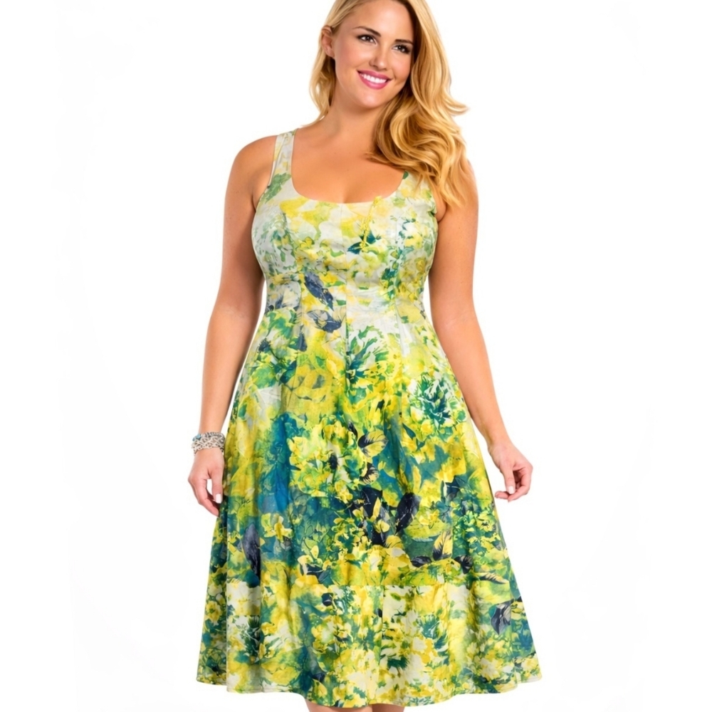 Floral Sleeveless Dress Yellow Green Sz.18W